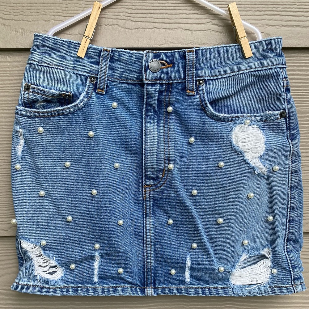 Carmar Pearl Embellished Denim Mini Skirt